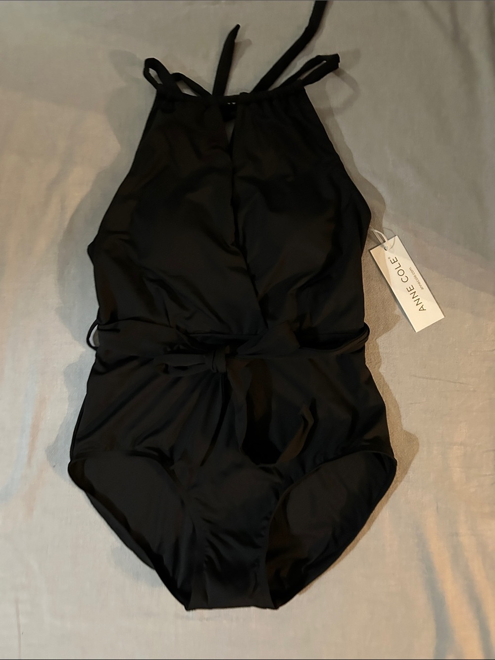 Anne Cole Black High Neck Halter One-Piece Swimsuit w Keyhole & Waist Tie NWT